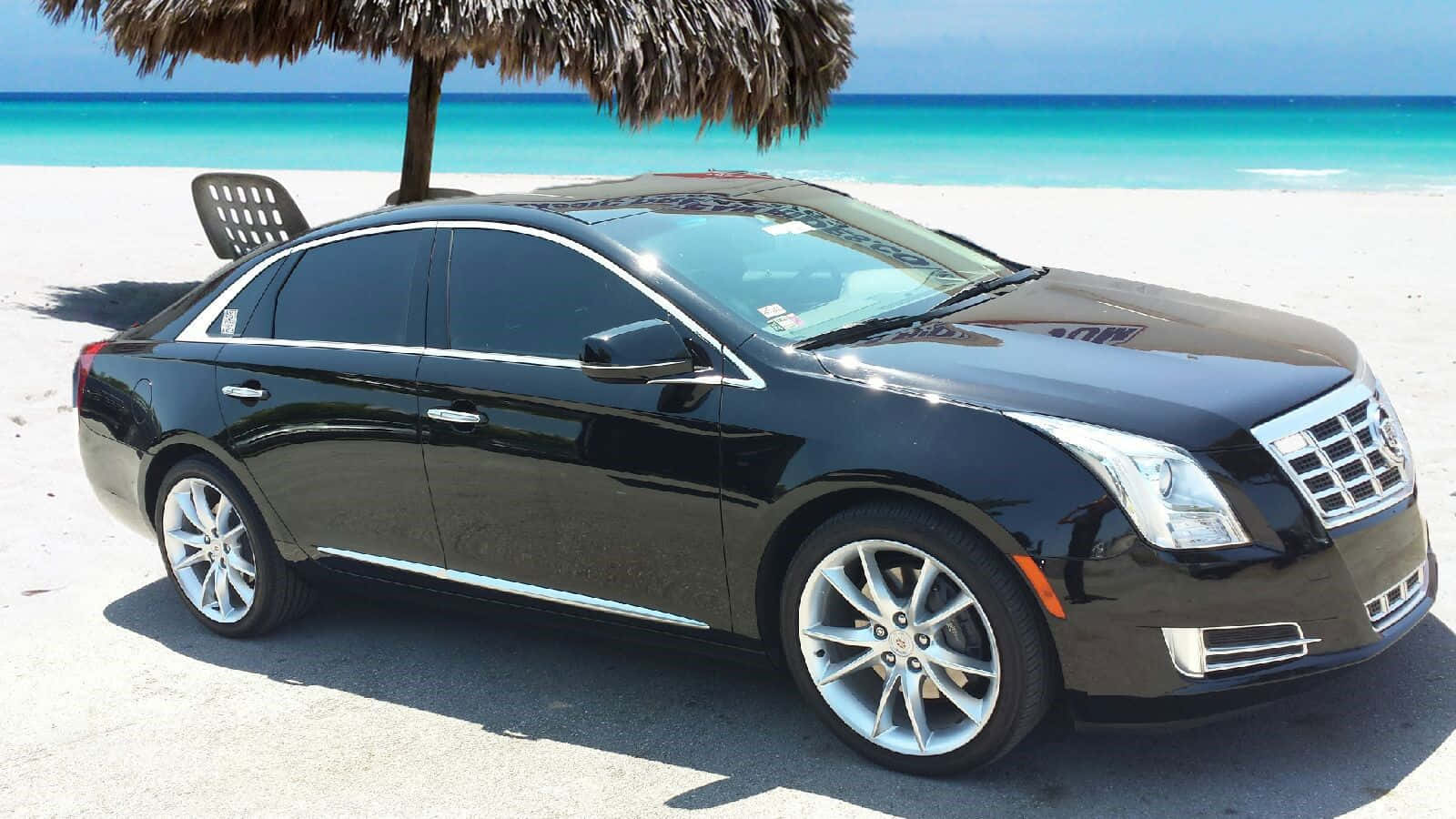 Cadillac XTS, black, white sand beach, HD Desktop Wallpaper