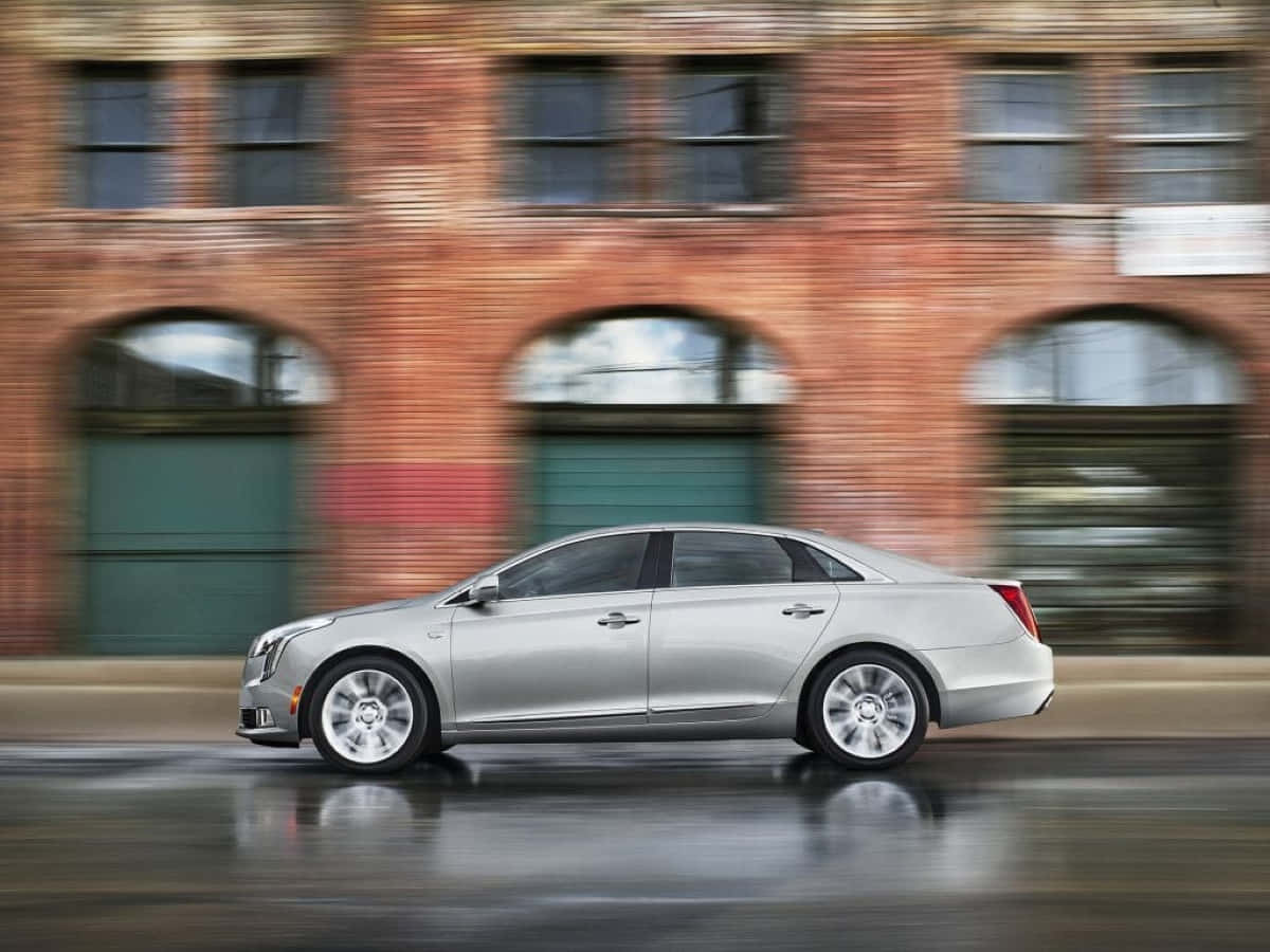 Cadillac XTS, silver, wet pavement, SD Desktop Wallpaper