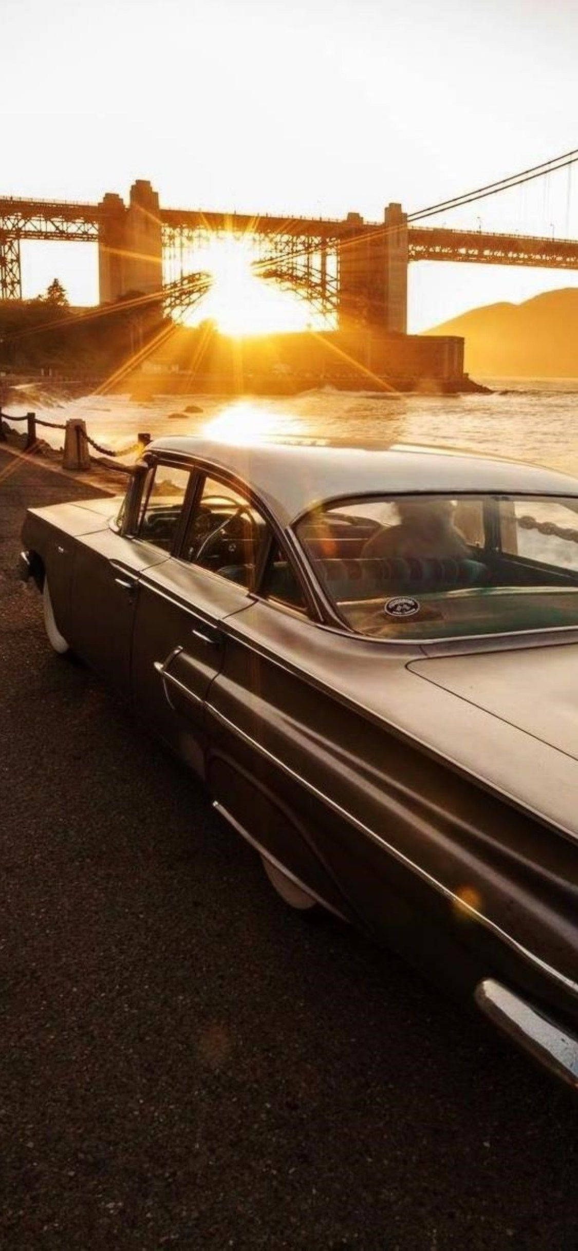 Vintage Cadillac, Sunset, Bridge, Full HD Phone Wallpaper