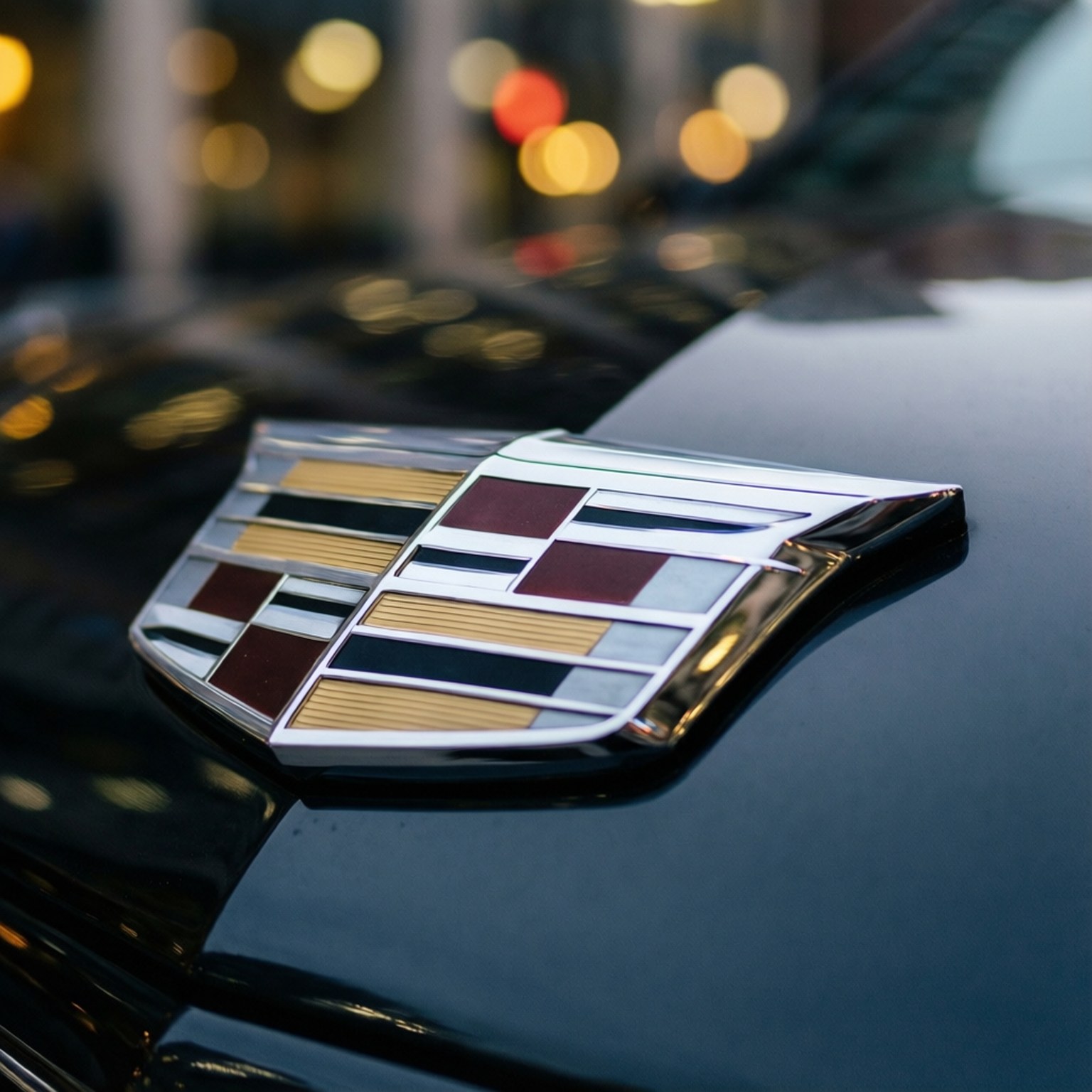 Cadillac crest emblem, black car hood, blurred city lights, HD Desktop Wallpaper