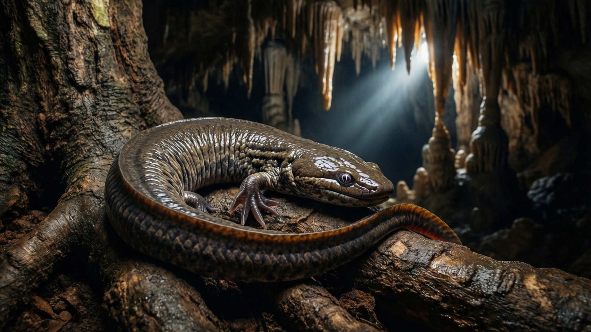Caecilian, cave, root, Full HD Desktop Wallpaper