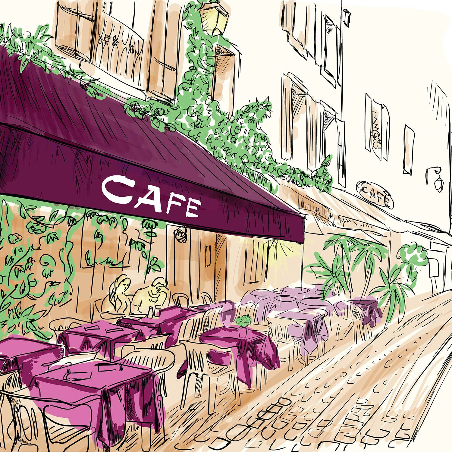 purple cafe, purple awnings, purple tablecloths, HD Desktop Wallpaper