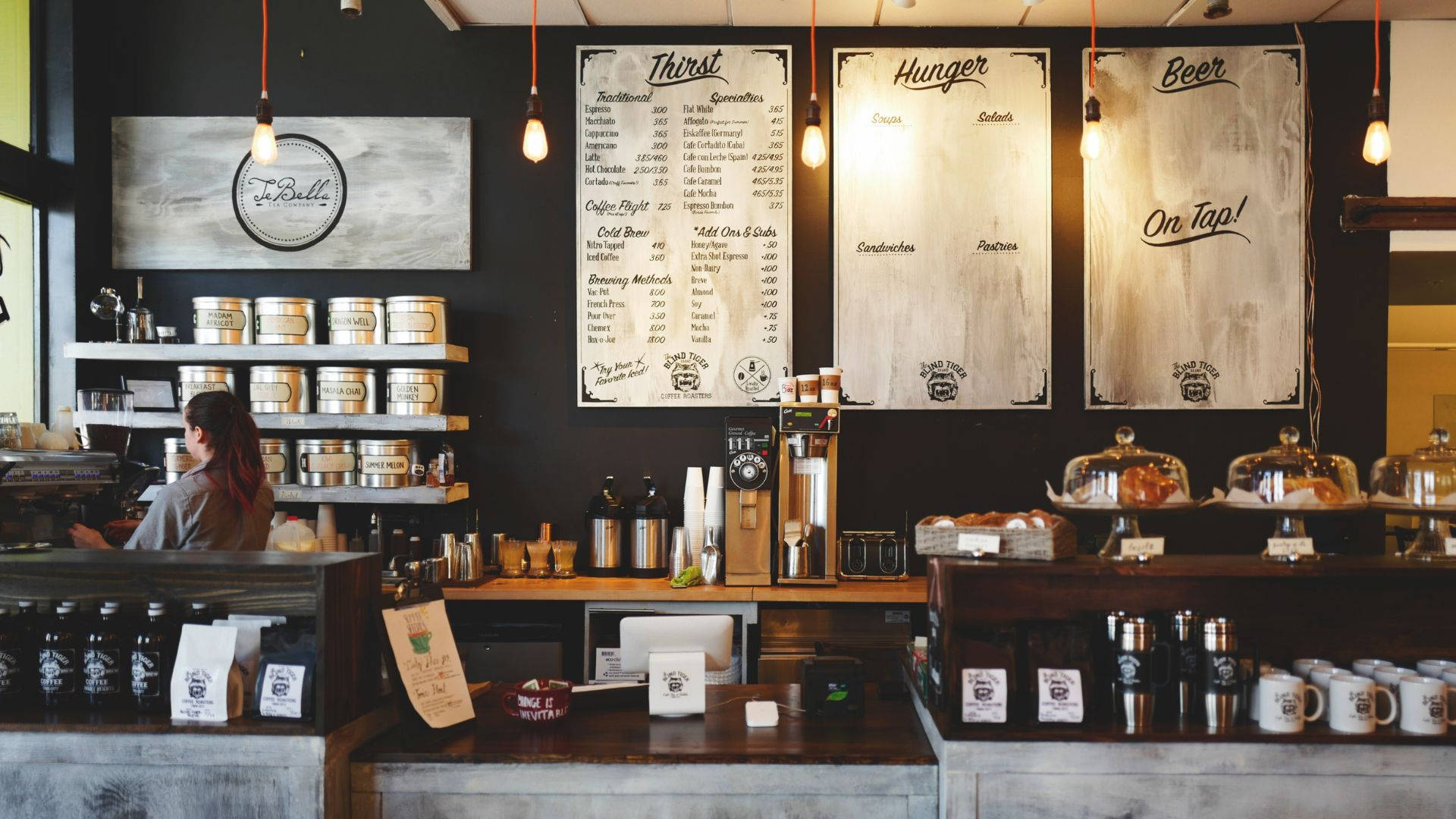 cozy café interior, dark walls, wooden counter, Full HD Desktop Wallpaper