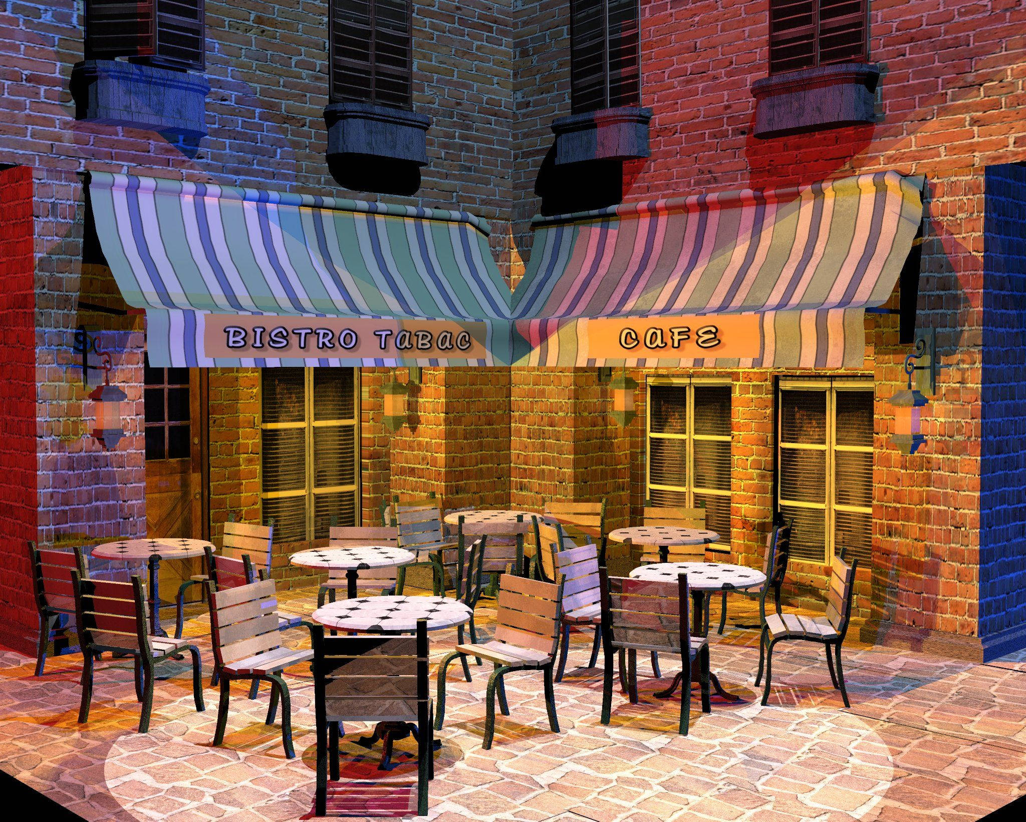 bistro cafe, outdoor cafe courtyard, striped awnings, Full HD Desktop Wallpaper