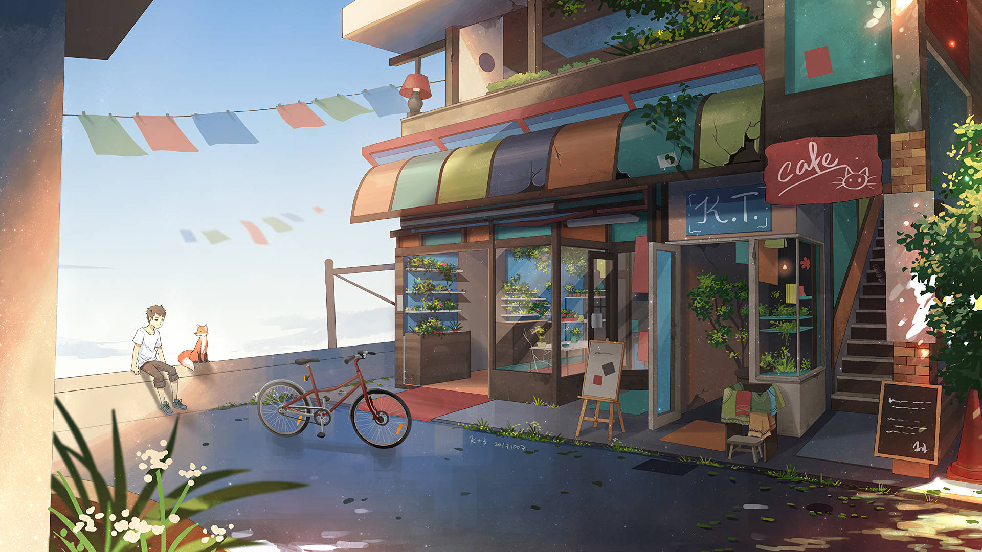 Alone Boy By The Cafe Cartoon Art, red bicycle, colorful flags, Full HD Desktop Wallpaper