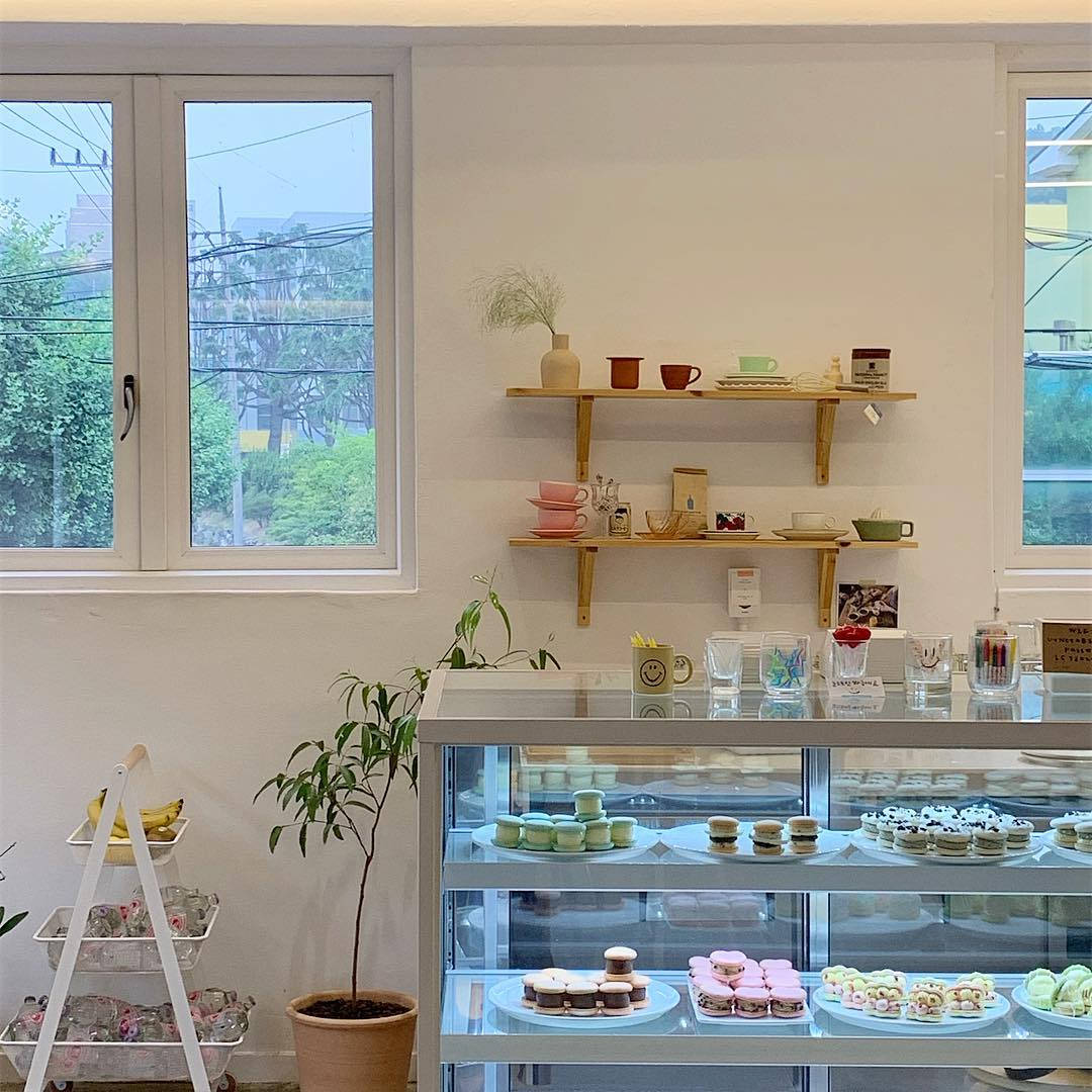 minimalist aesthetic, cafe counter, pastel macarons, SD Desktop Wallpaper