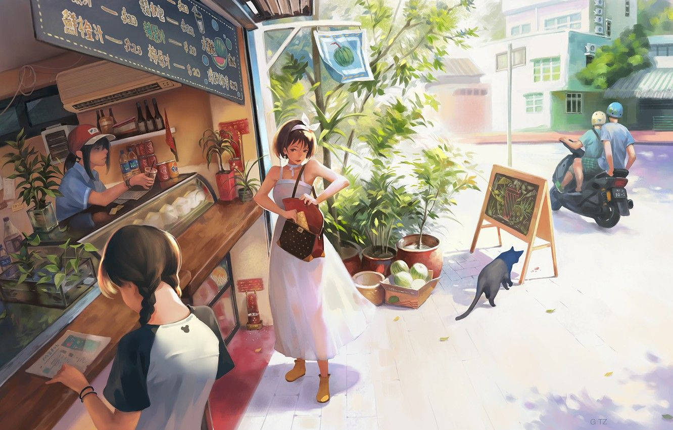 Ladies In A Cafe, anime-style, white dress, HD Desktop Wallpaper