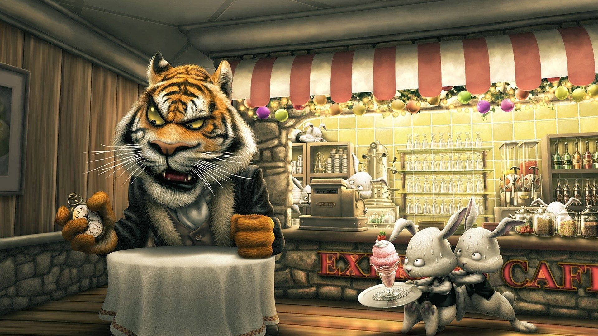 Cartoon Tiger, Rabbits, suit, Full HD Desktop Wallpaper