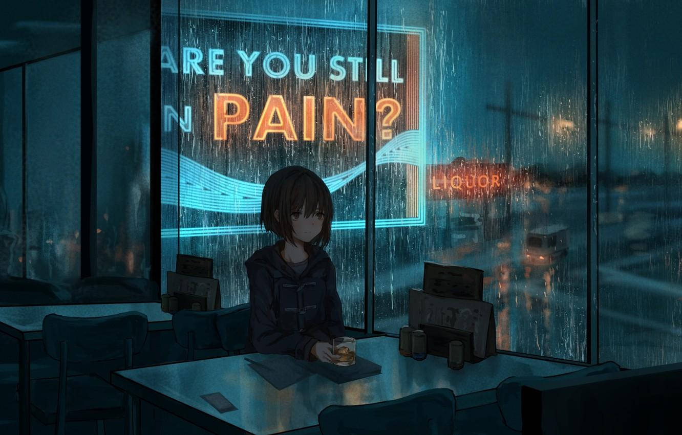 anime girl, rainy night, bar window, HD Desktop Wallpaper