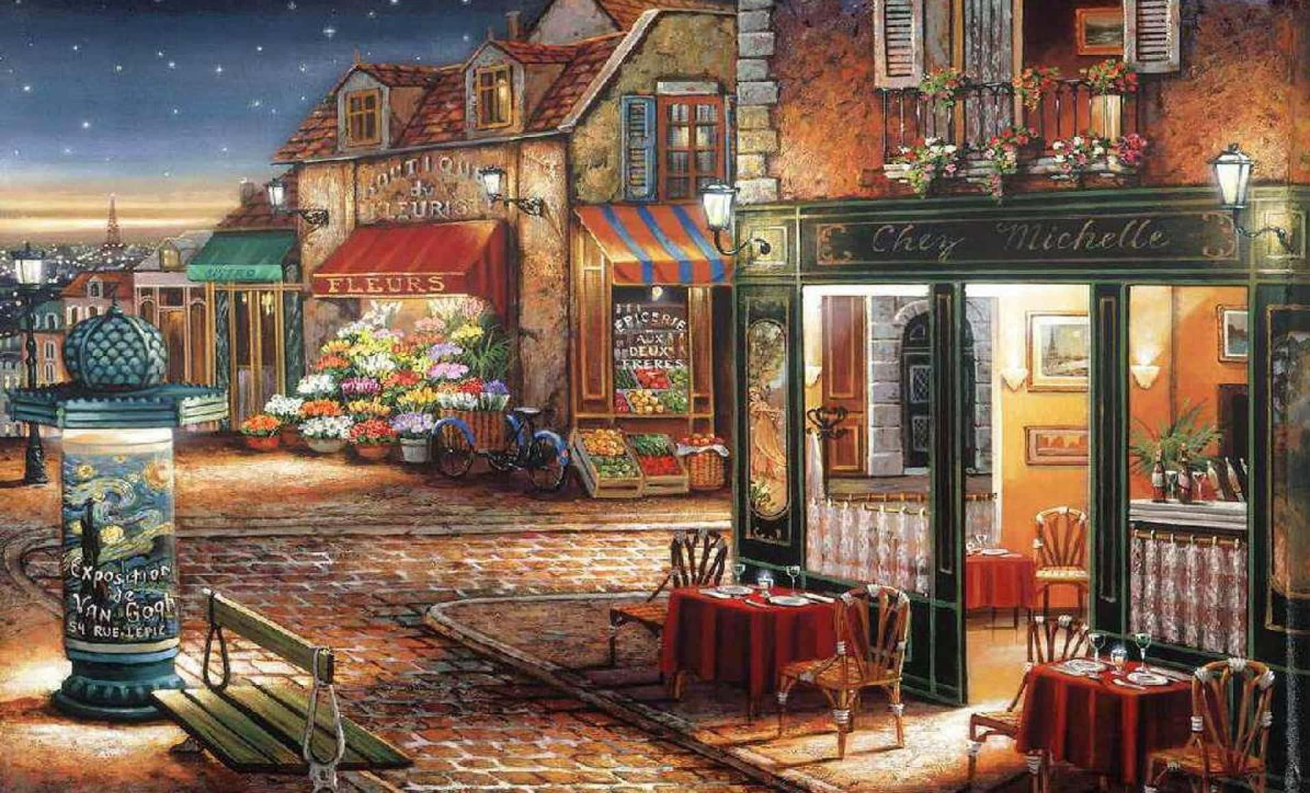 European street, café, flower stalls, HD Desktop Wallpaper
