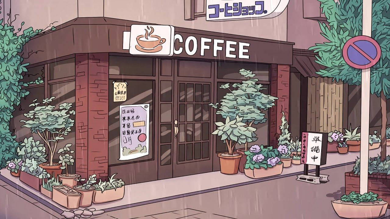 cozy coffee shop, potted plants, rain, HD Desktop Wallpaper