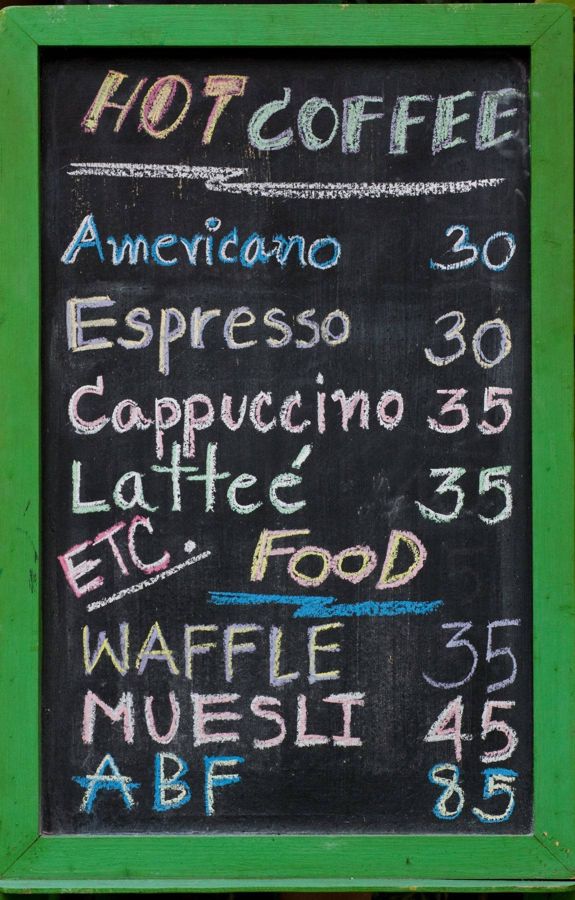 chalkboard menu, green frame, hot coffee drinks, HD Phone Wallpaper