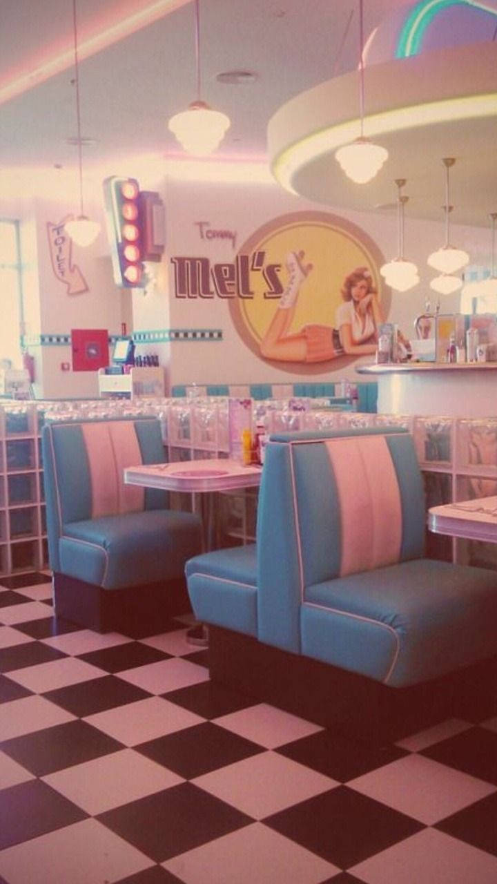 pastel vintage cafe, 1950s diner, blue and pink booth seating, HD Phone Wallpaper