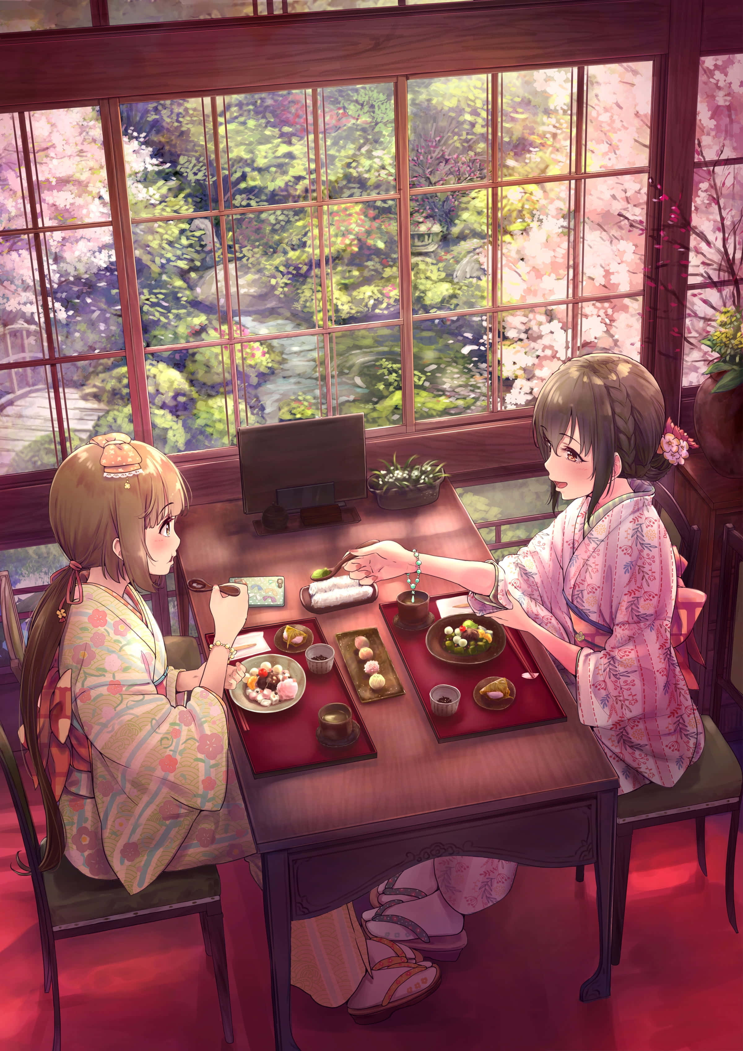 Anime Girls, Cafe, kimonos, 2K Phone Wallpaper