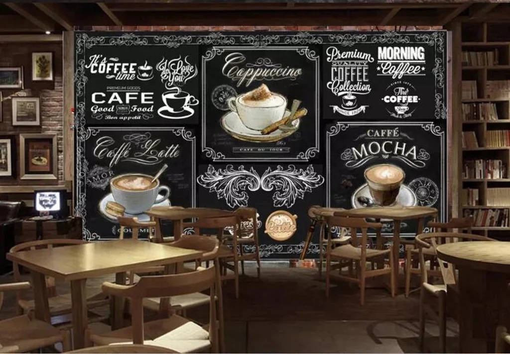 cafe interior concept, black mural design, wooden tables, SD Desktop Wallpaper