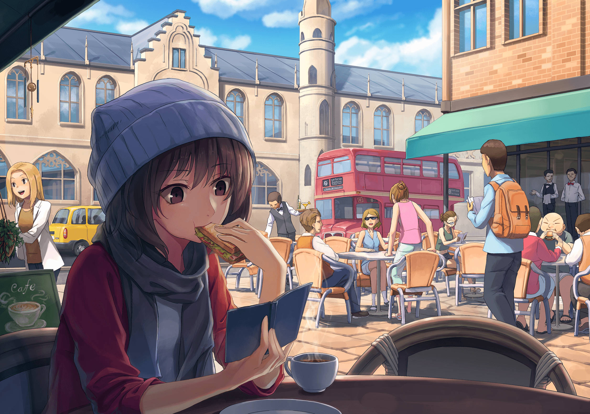 Lone Girl In A Cafe Cartoon, blue beanie, red double-decker bus, Full HD Desktop Wallpaper