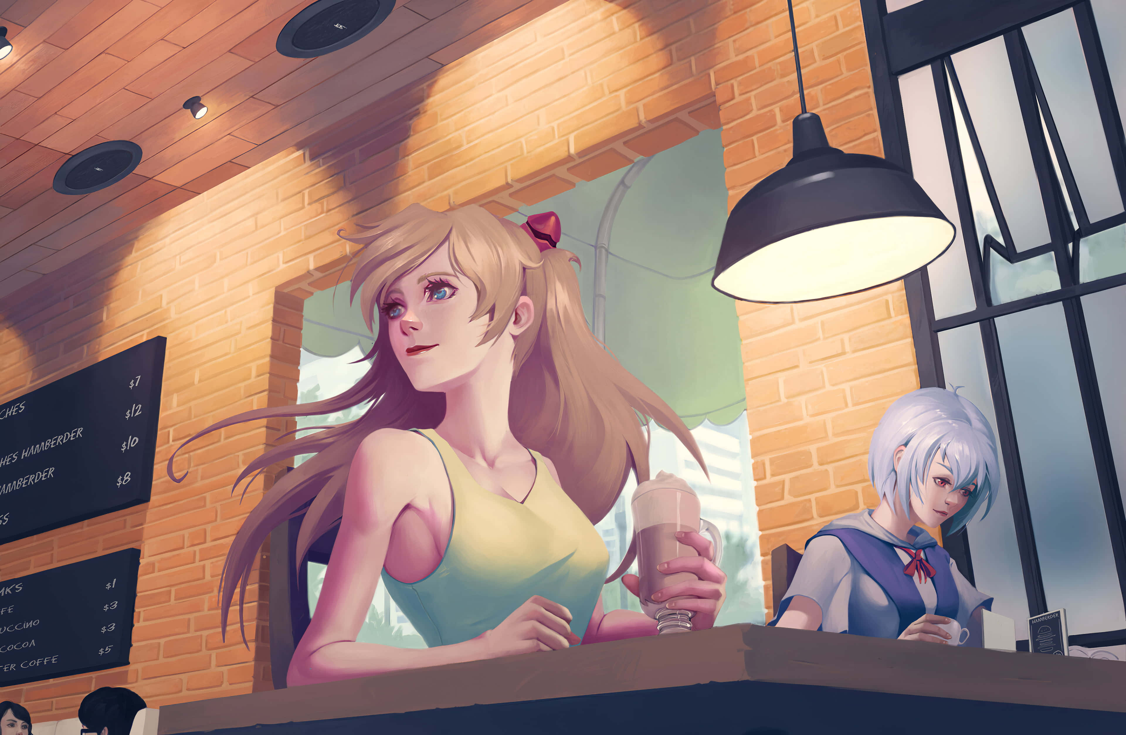 anime girl, cozy brick cafe counter, blonde hair, 4K Desktop Wallpaper