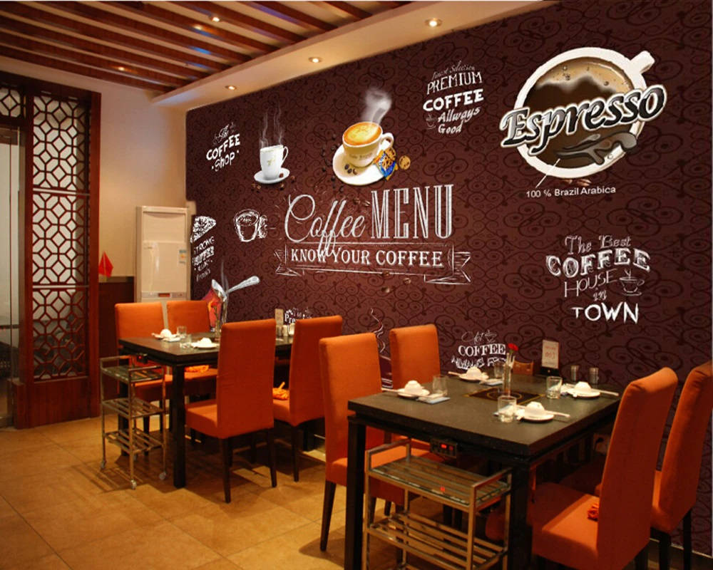 dark brown-themed interior, orange chairs, black tables, SD Desktop Wallpaper