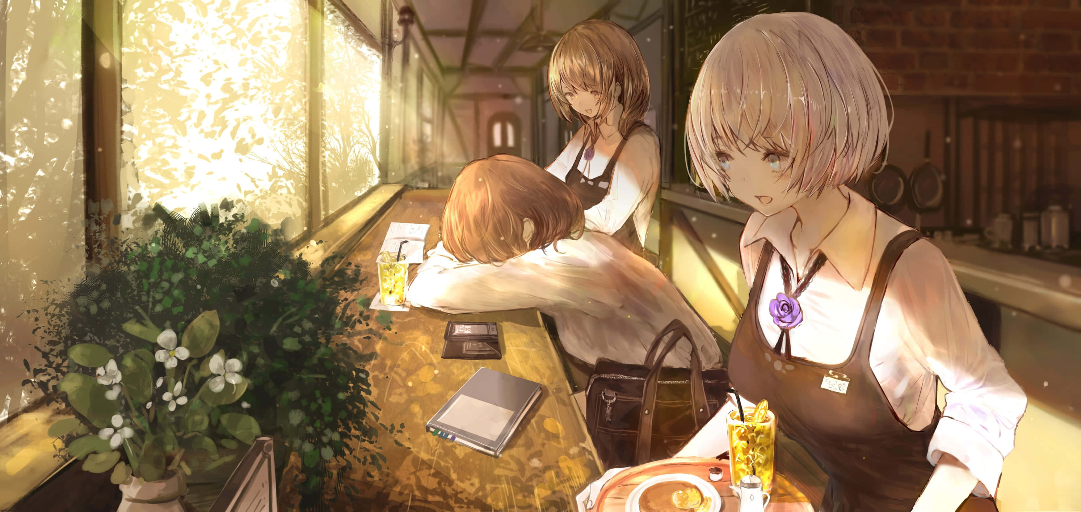 anime girls, aprons, warmly lit cafe, 2K Desktop Wallpaper