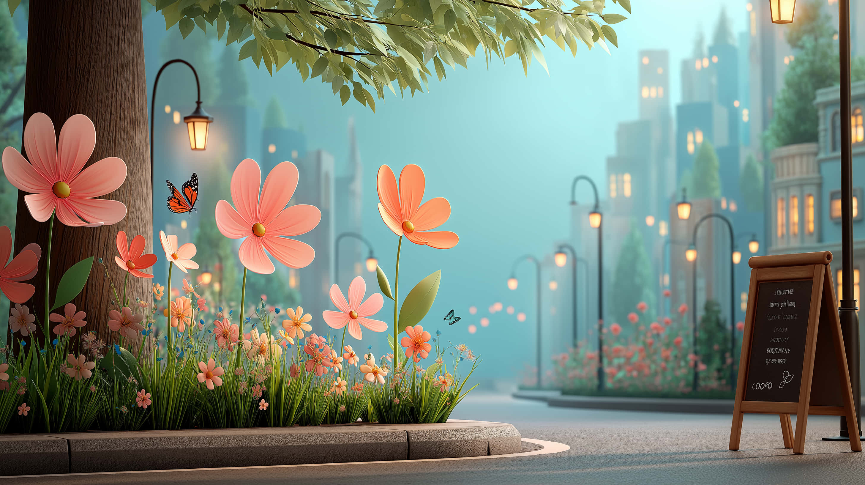 quaint city street, oversized flowers, cafe, 2K Desktop Wallpaper