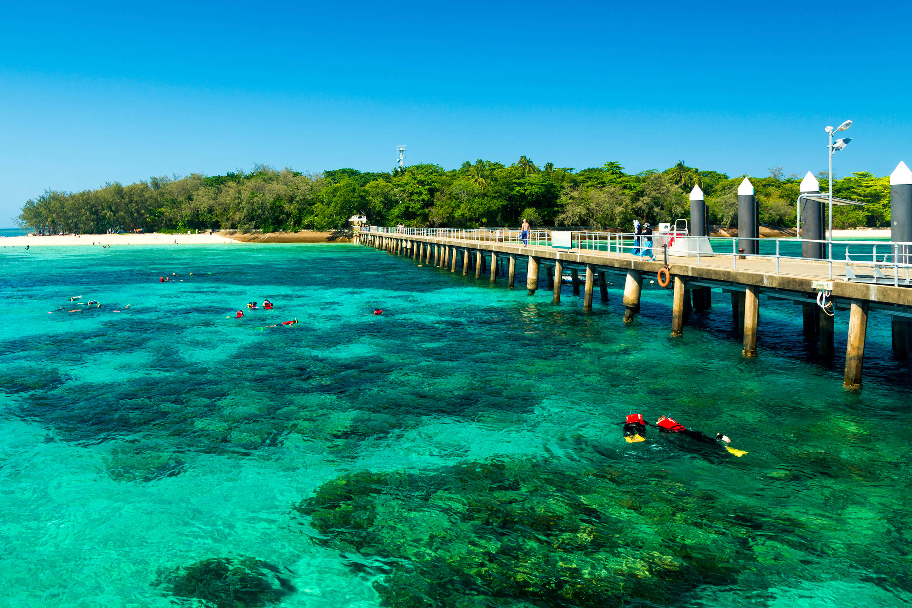Cairns cityscape, turquoise waters, long wooden pier, 2K Desktop Wallpaper