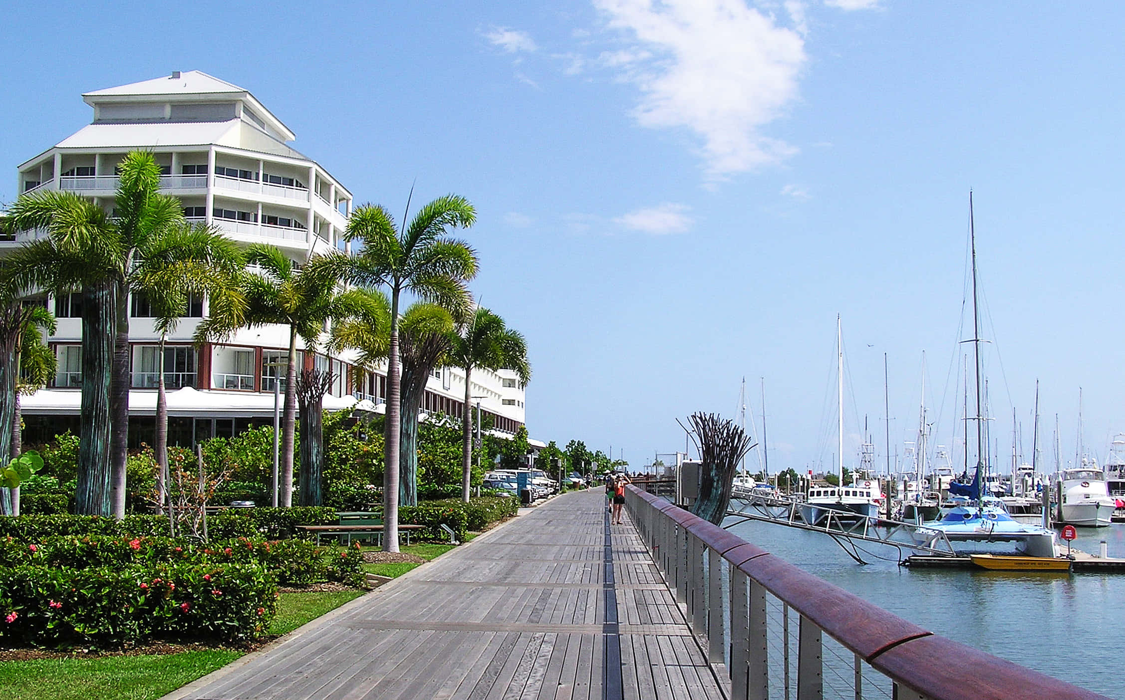 Cairns Beach, wooden boardwalk, palm trees, Full HD Desktop Wallpaper