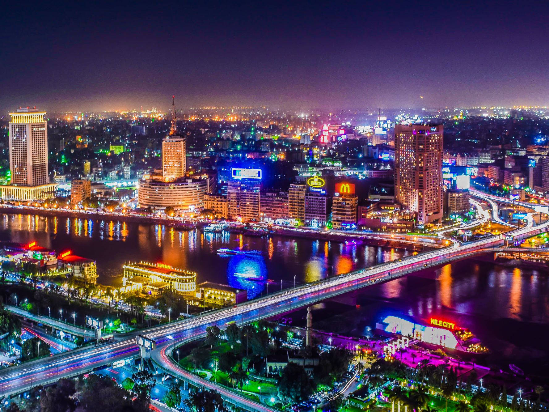 Cairo, neon lights, river, HD Desktop Wallpaper
