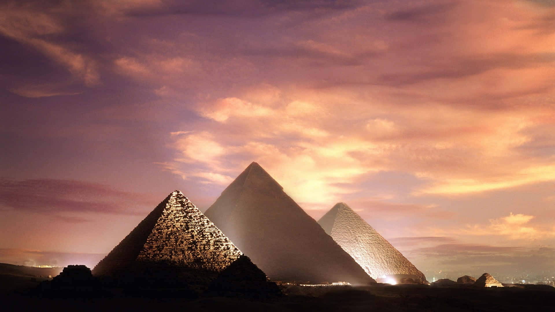 pyramids of giza, sunset, twilight sky, Full HD Desktop Wallpaper