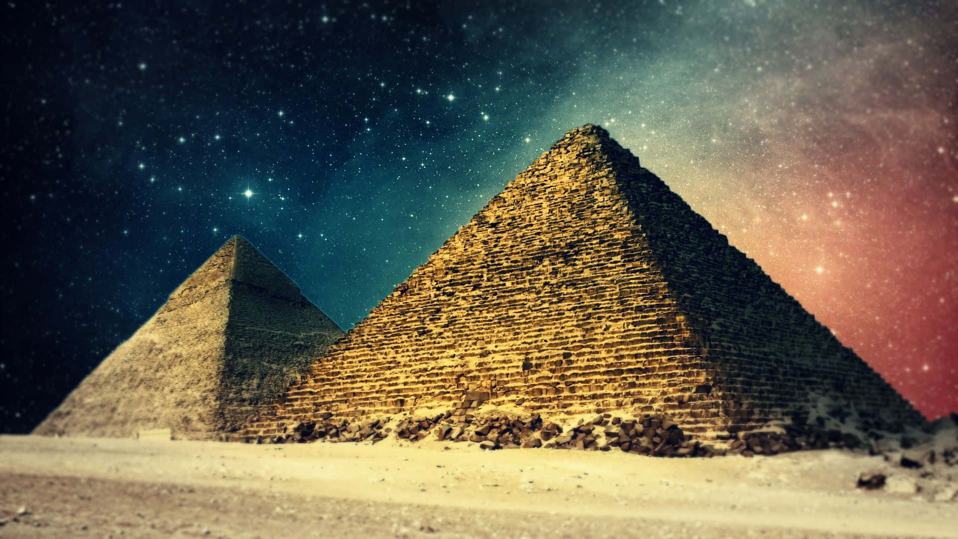 three pyramids, desert, starry night sky, Full HD Desktop Wallpaper