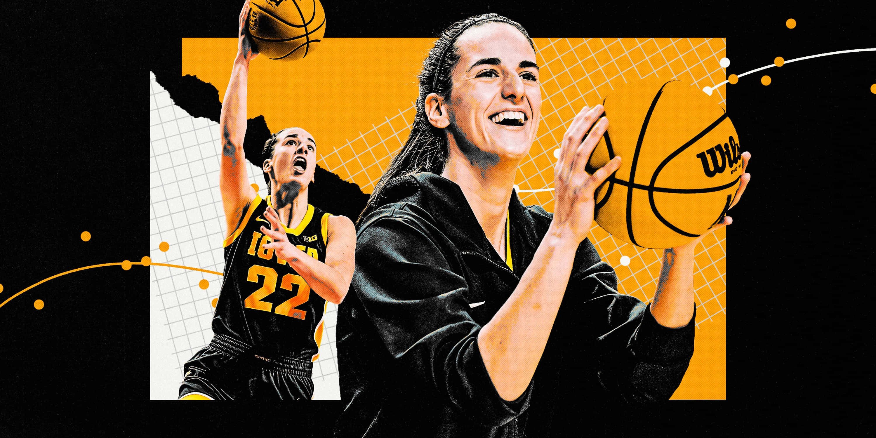 Caitlin Clark, black and gold uniforms, basketballs, 2K Desktop Wallpaper