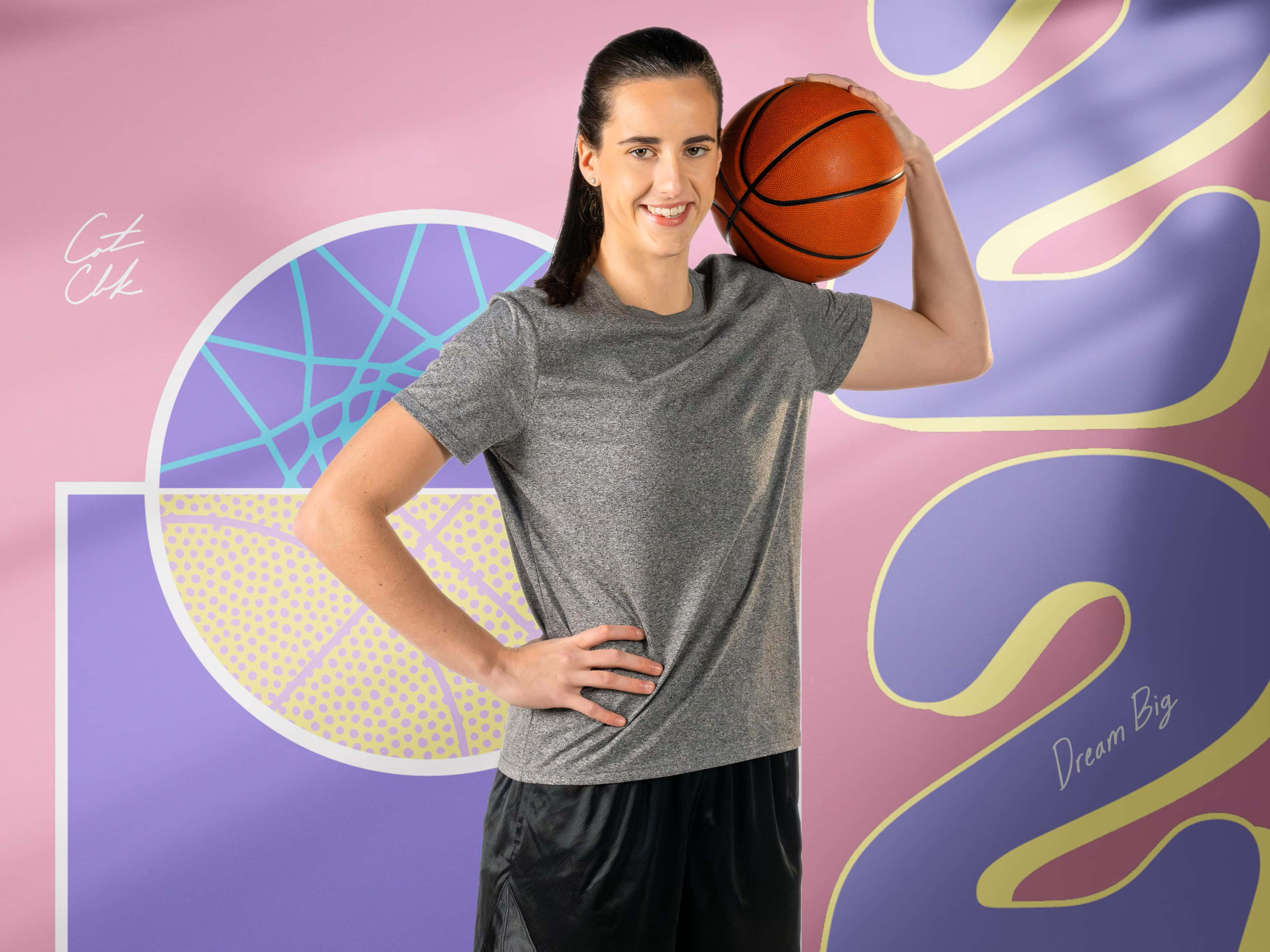 Caitlin Clark, basketball pose, vibrant pink and purple graphic backdrop, 2K Desktop Wallpaper