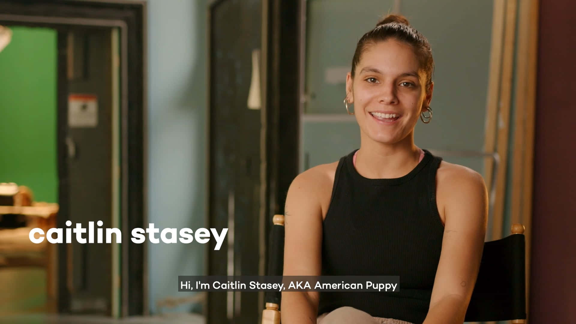 Caitlin Stasey, black tank top, director's chair, Full HD Desktop Wallpaper