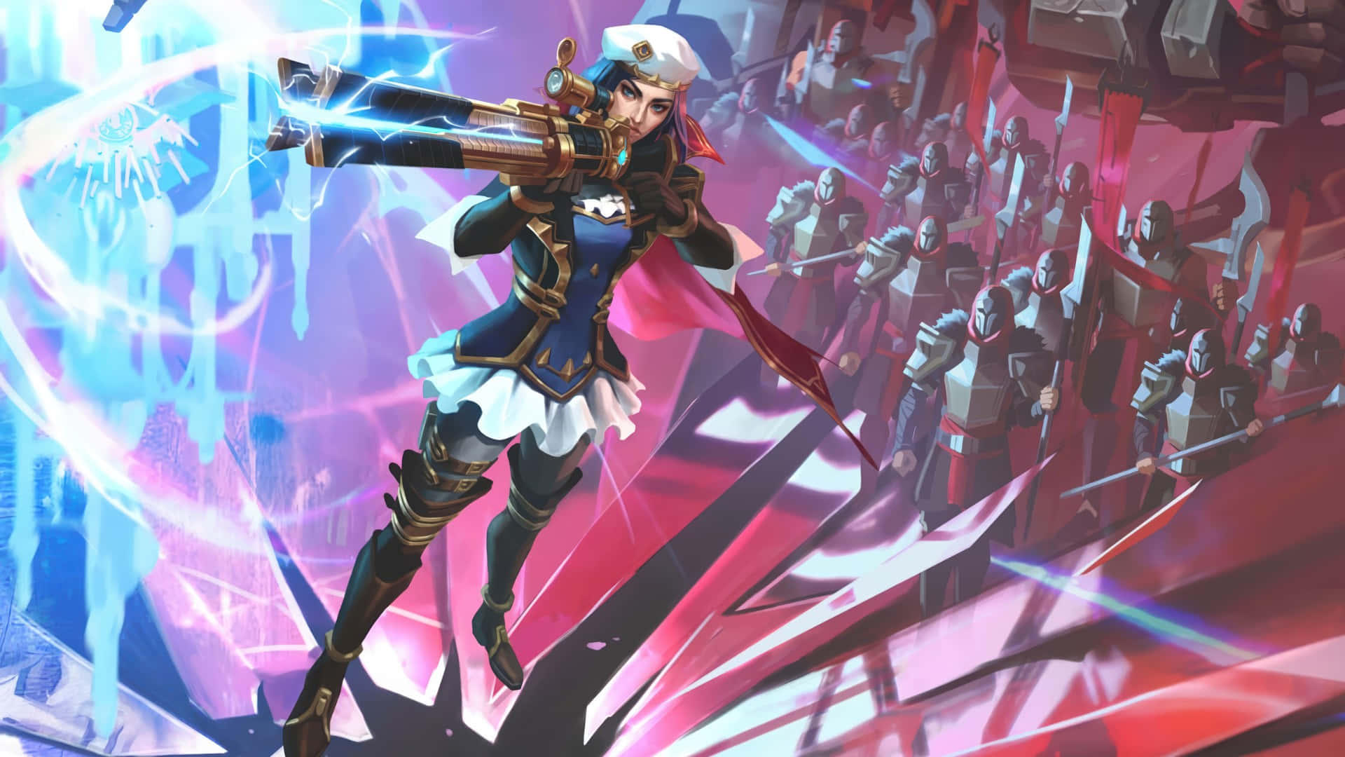 Caitlyn Arcane, blue and white armor, glowing cannon, Full HD Desktop Wallpaper
