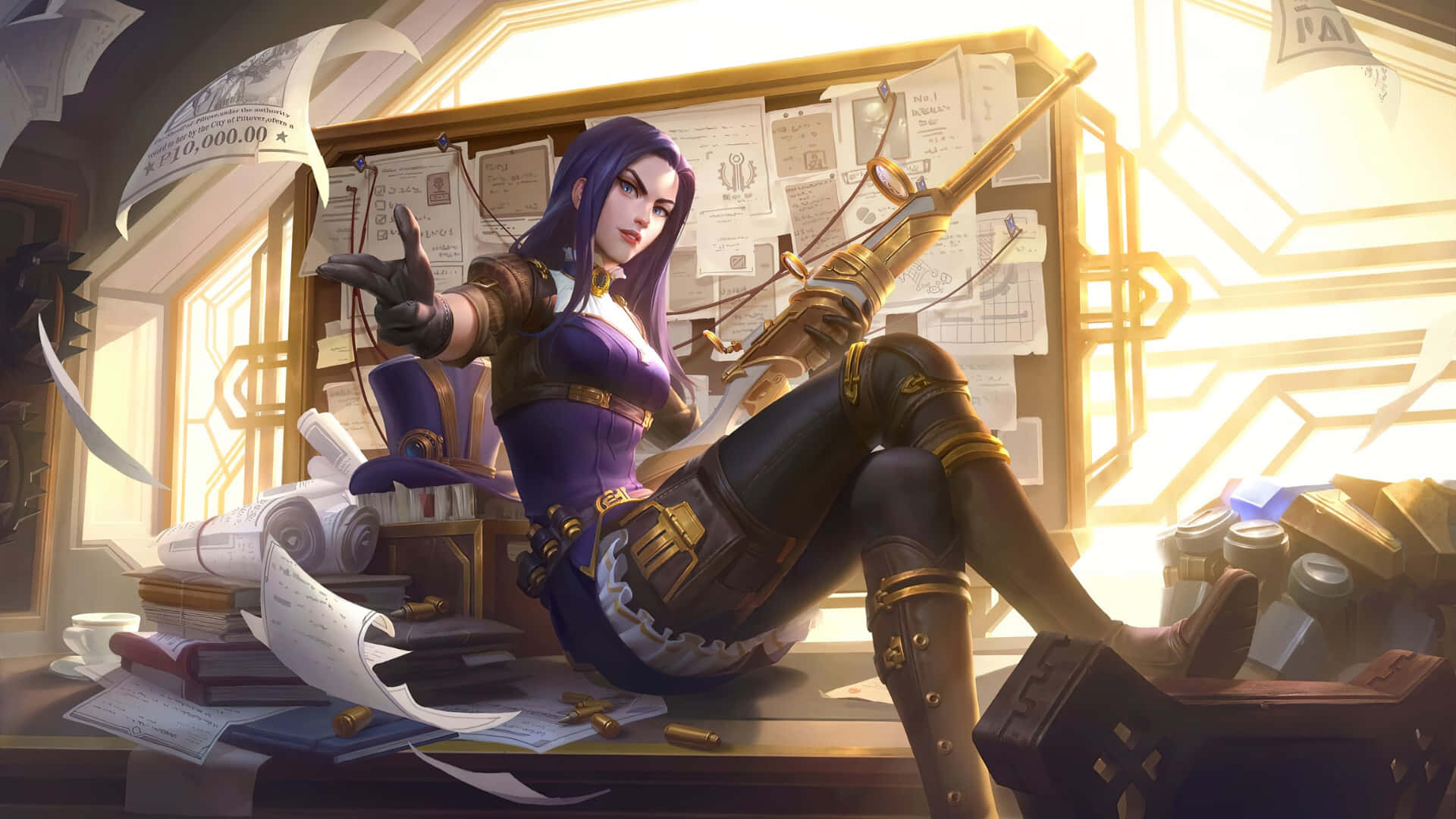 Caitlyn Arcane, purple-haired woman, purple and gold outfit, Full HD Desktop Wallpaper