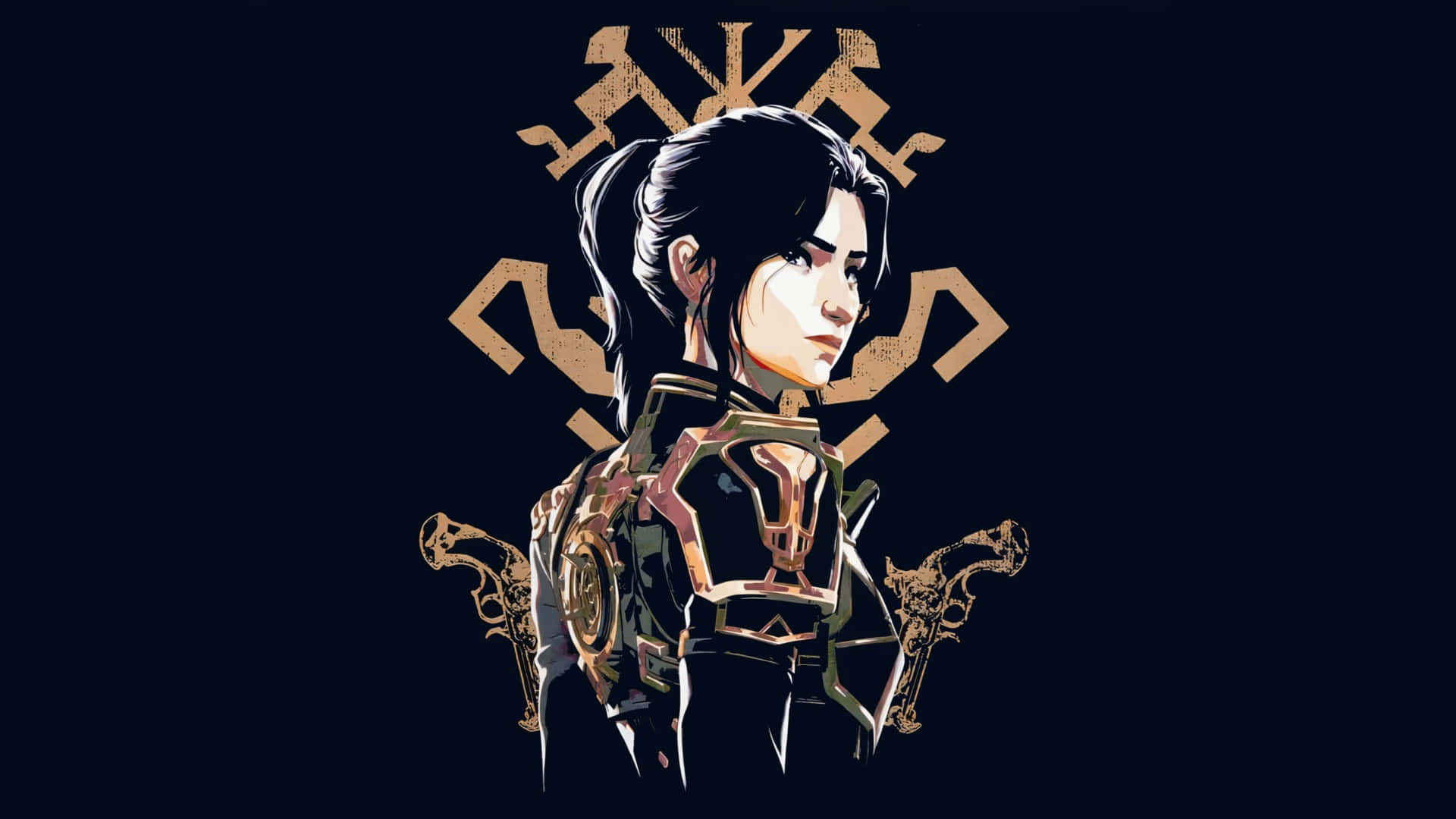 Caitlyn Arcane, dark hair, ornate golden armor, Full HD Desktop Wallpaper
