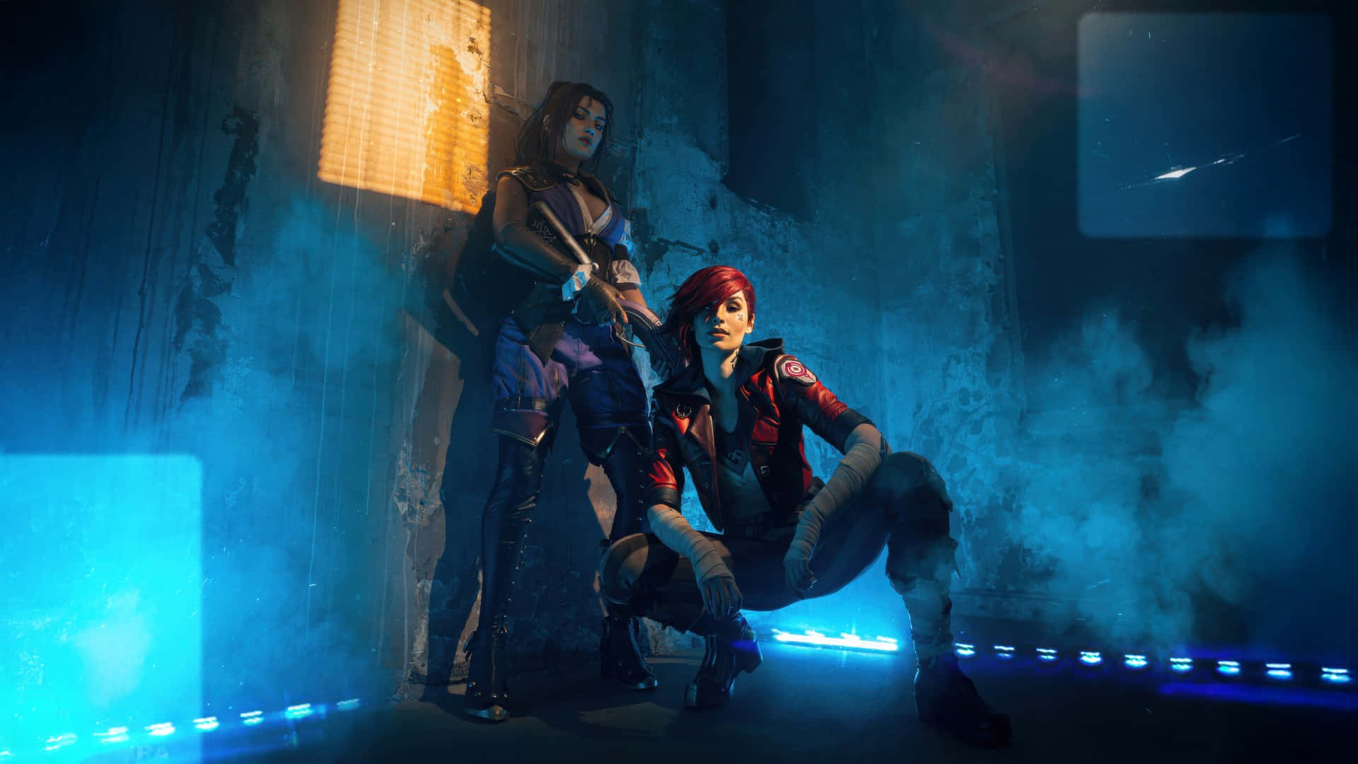 Caitlyn Arcane, dark room, blue and orange light, Full HD Desktop Wallpaper