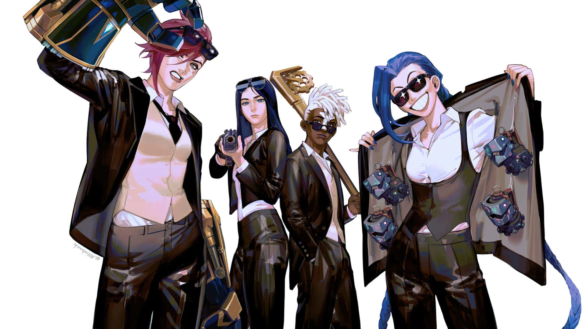 Caitlyn Arcane, anime-style, sleek black suits, Full HD Desktop Wallpaper