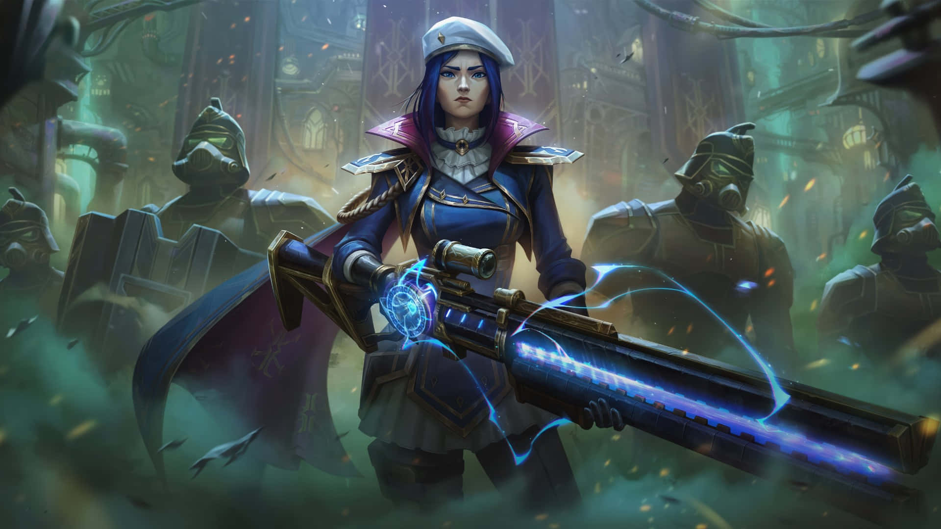 Caitlyn Arcane, blue and purple armor, glowing blue energy rifle, Full HD Desktop Wallpaper