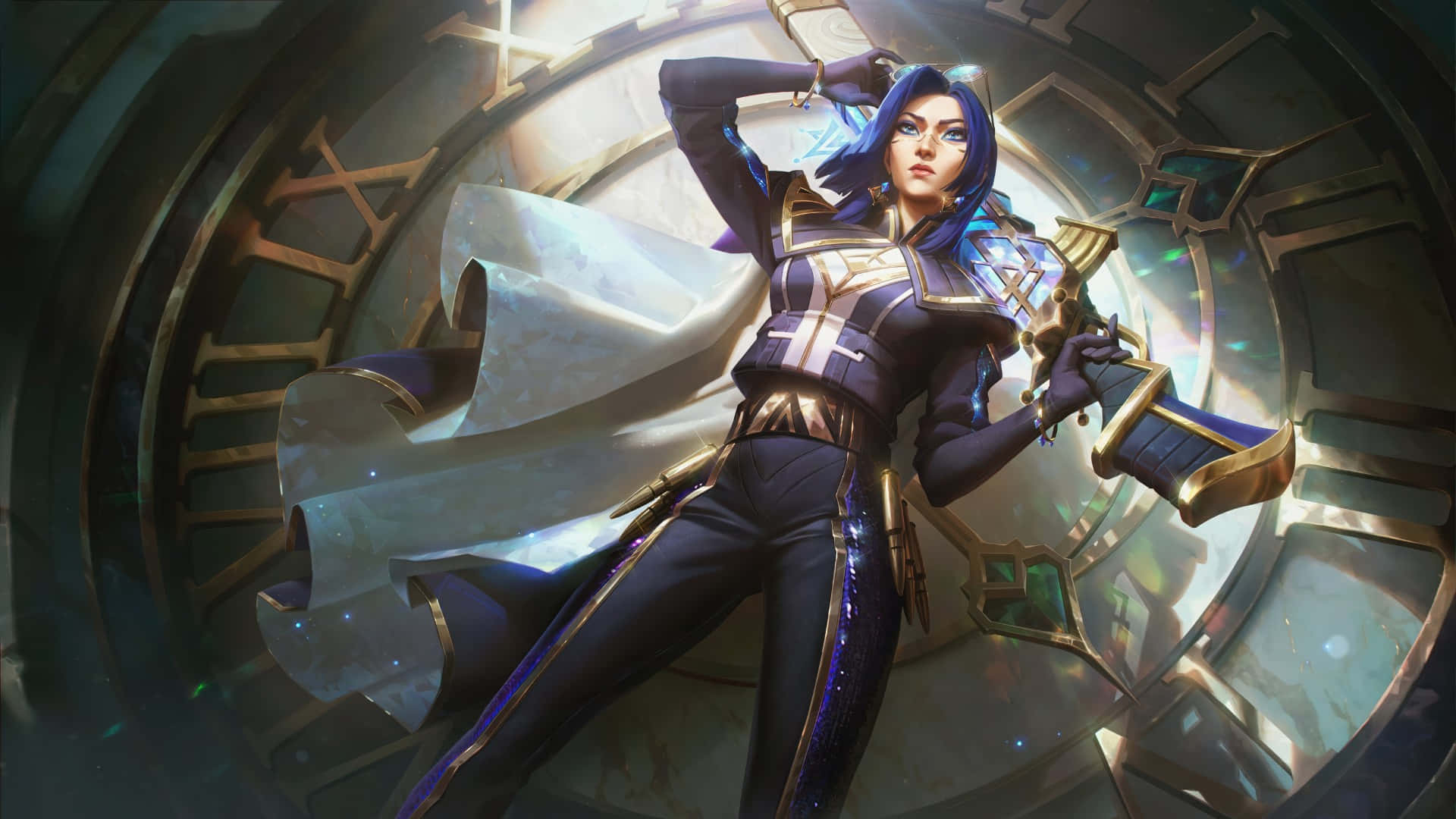 Caitlyn Arcane, purple hair, glowing blue accents, Full HD Desktop Wallpaper