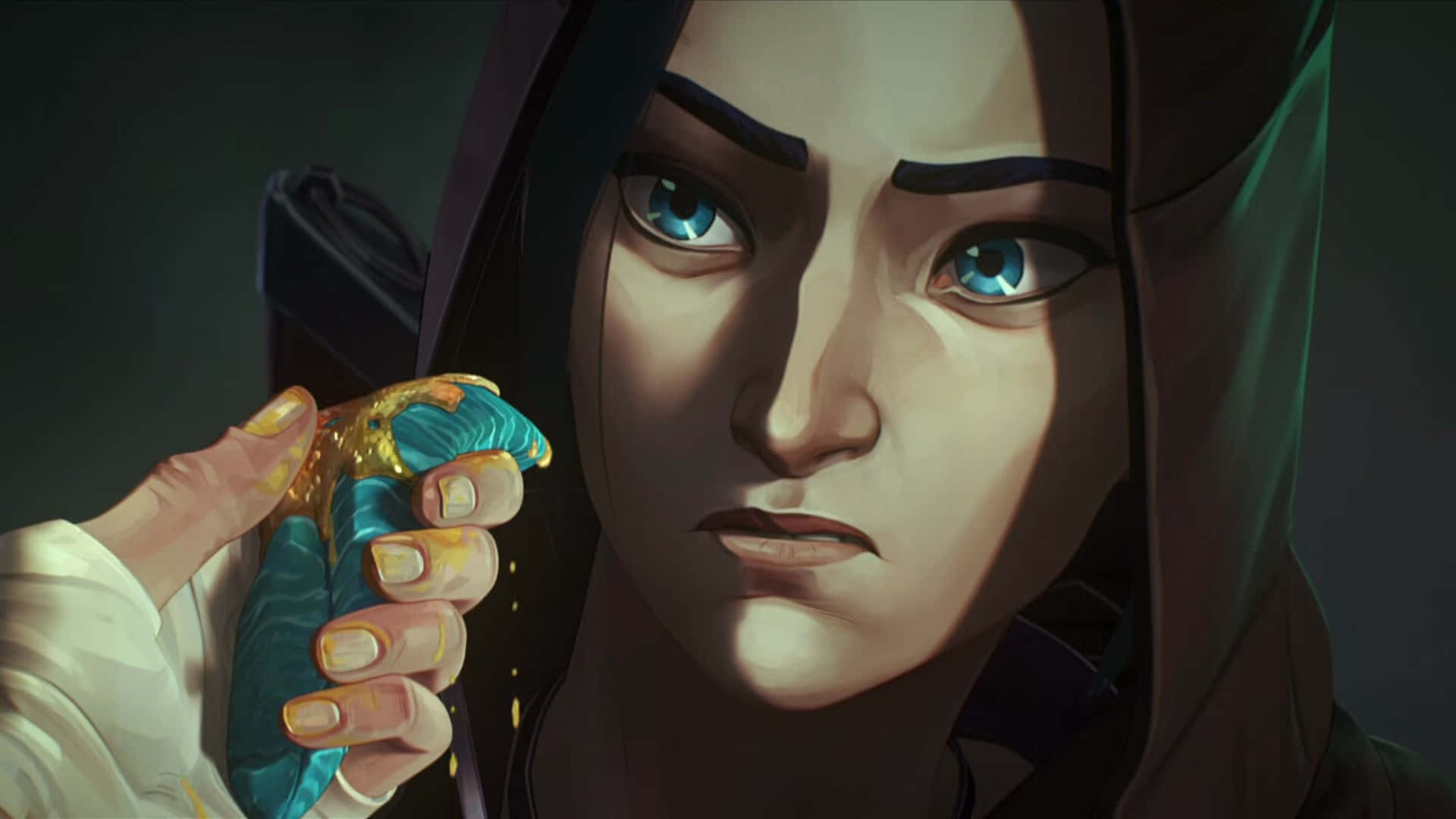 Caitlyn Arcane, piercing blue eyes, glowing blue and gold artifact, Full HD Desktop Wallpaper