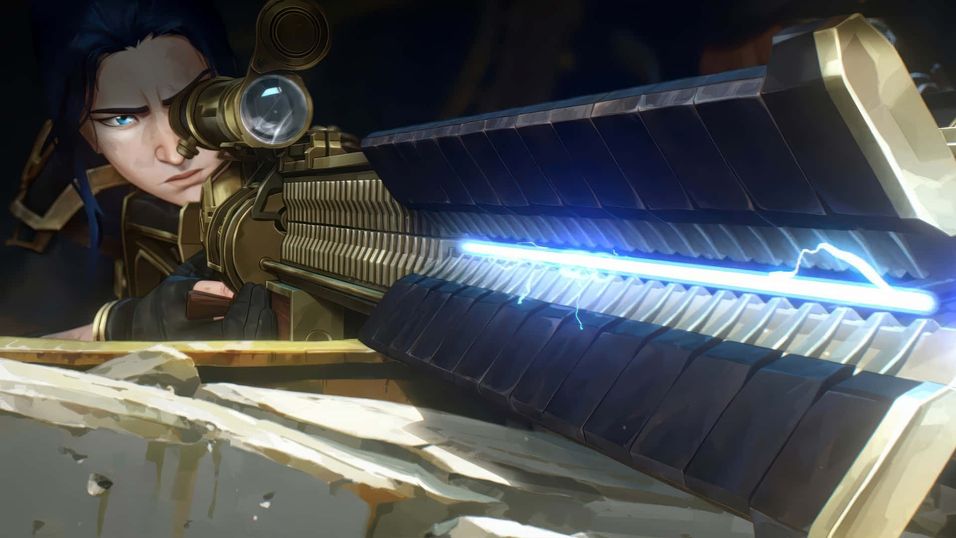 Caitlyn Arcane, blue eyes, glowing blue energy rifle, Full HD Desktop Wallpaper