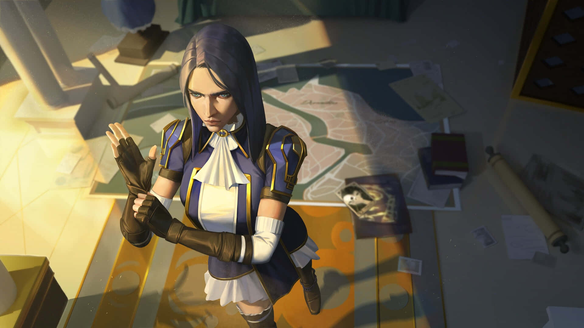 Caitlyn Arcane, blue and gold armor, tactical stance, Full HD Desktop Wallpaper