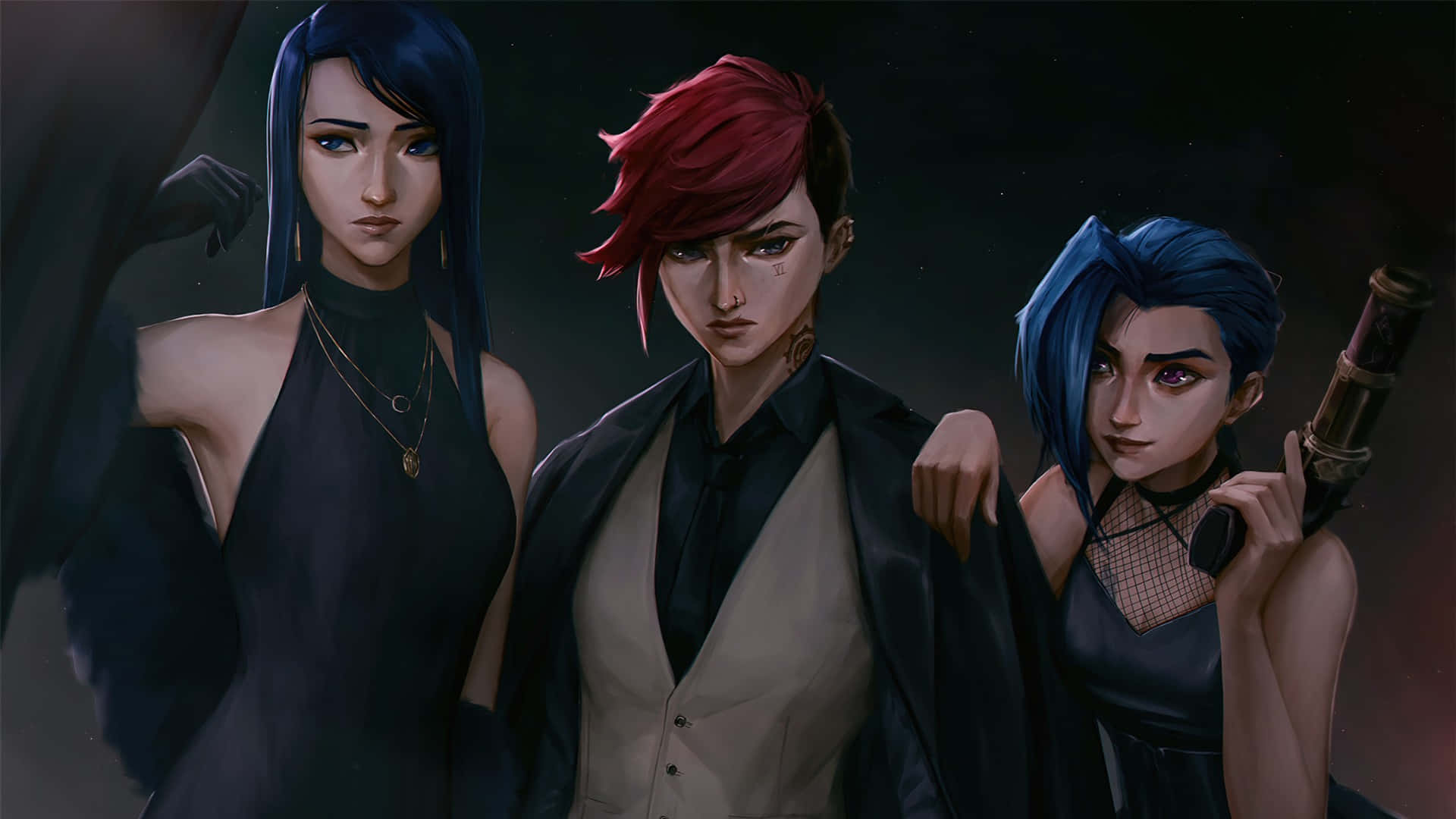 Caitlyn Arcane, anime characters, blue and red hair, Full HD Desktop Wallpaper