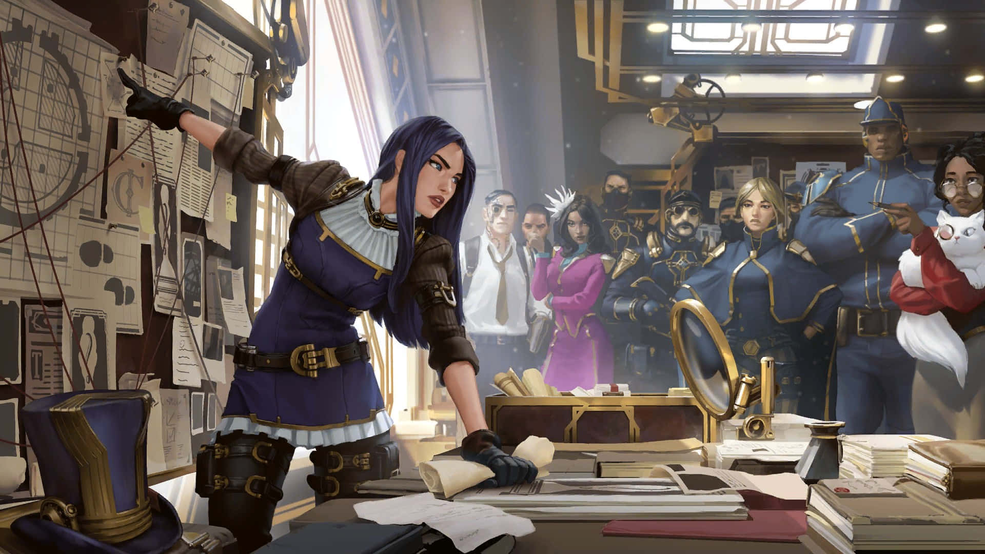 Caitlyn Arcane, purple uniform, wall of maps and blueprints, Full HD Desktop Wallpaper