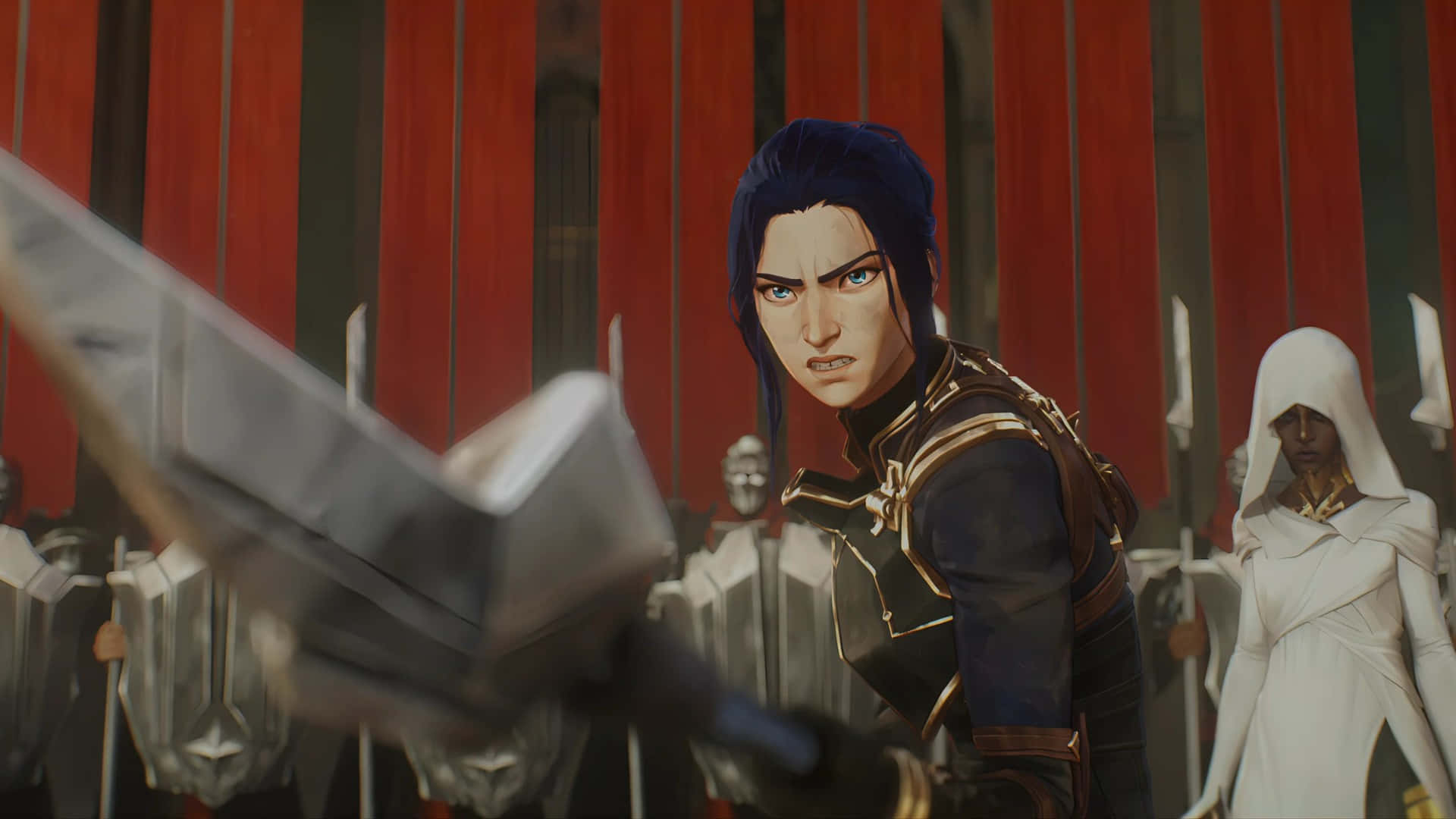 Caitlyn Arcane, blue-haired warrior, dark armor, Full HD Desktop Wallpaper