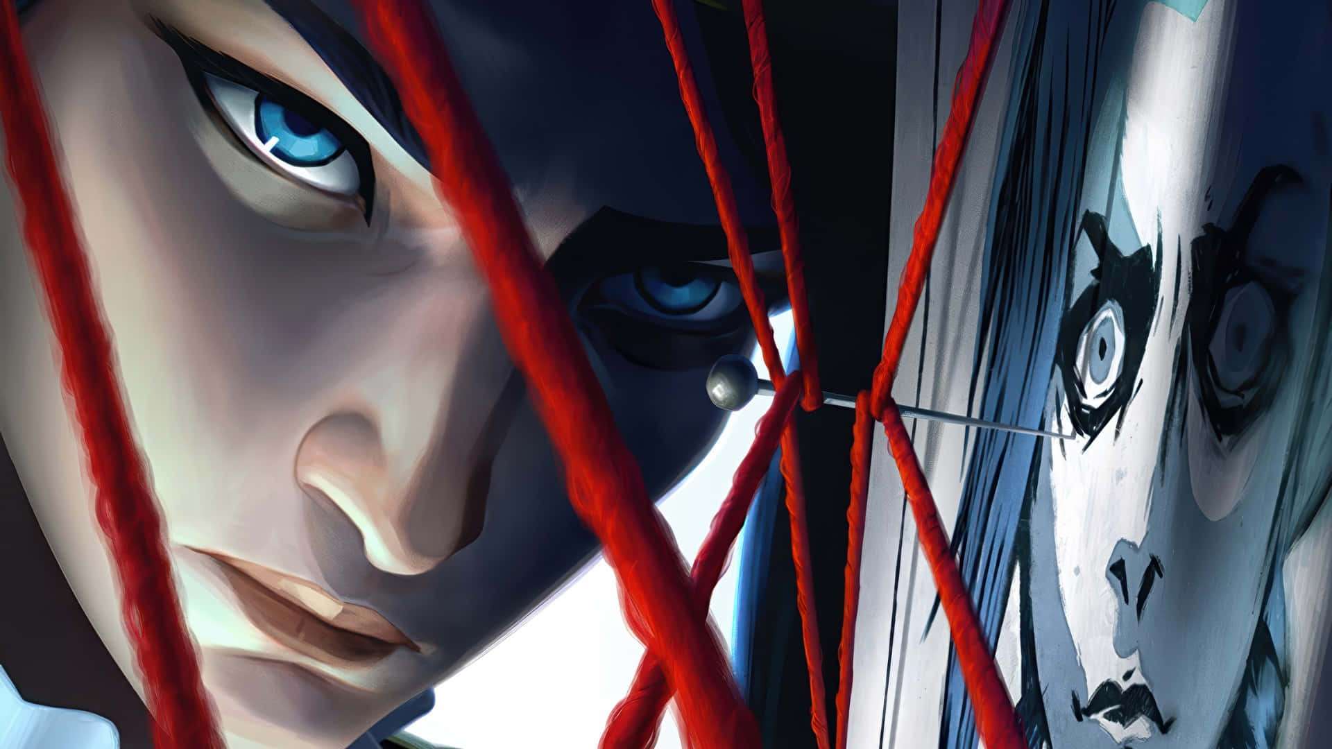 Caitlyn Arcane, blue-eyed, red ropes, Full HD Desktop Wallpaper