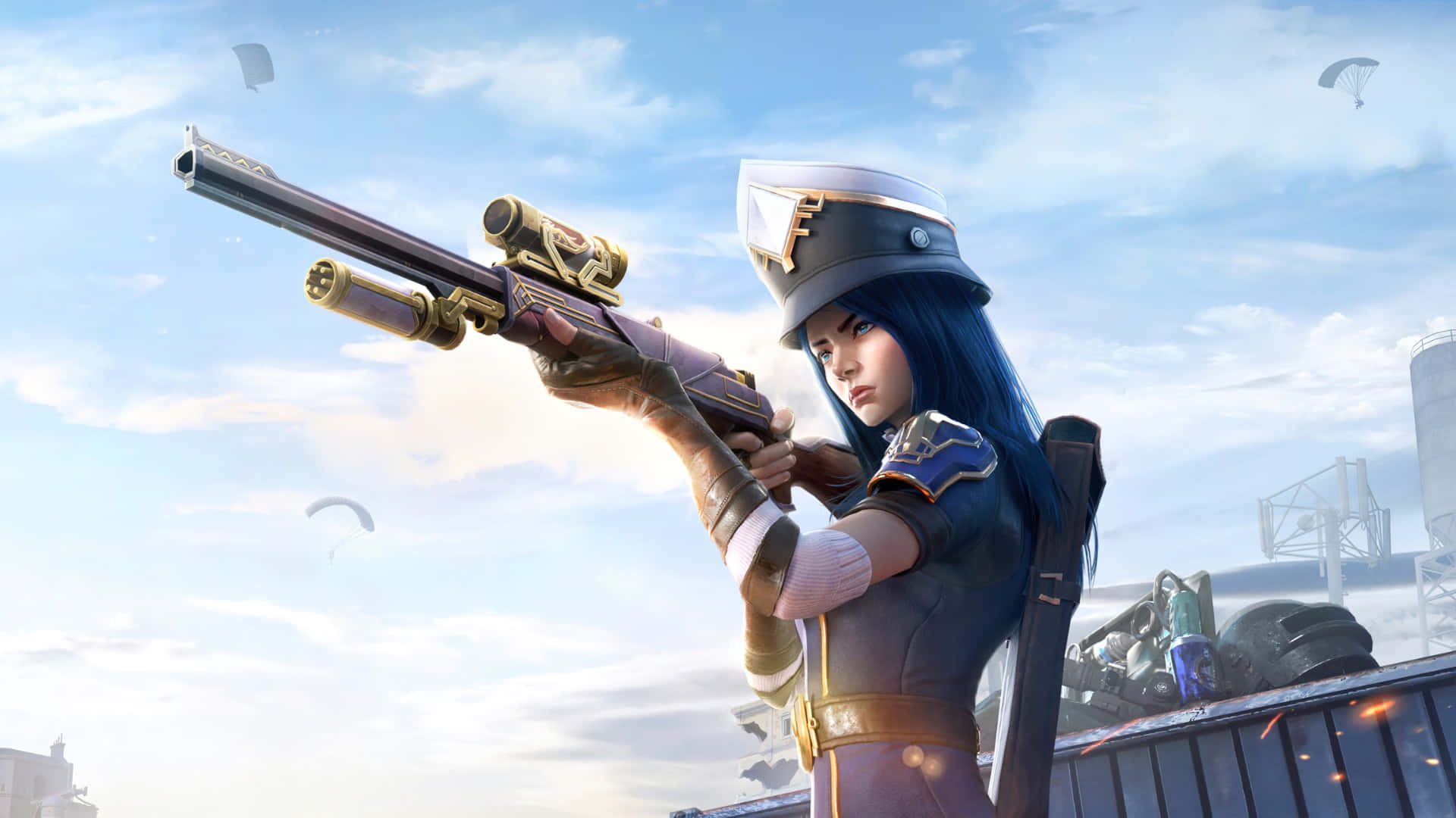 Caitlyn Arcane, blue hair, gold and purple sniper rifle, Full HD Desktop Wallpaper