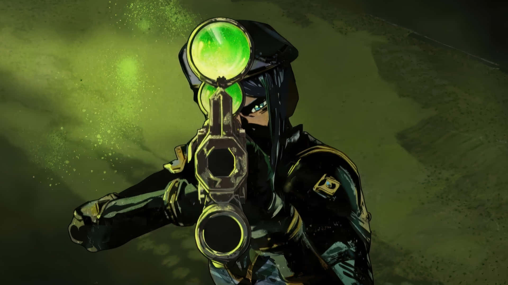 Caitlyn Arcane, glowing green revolver, black tactical gear, Full HD Desktop Wallpaper