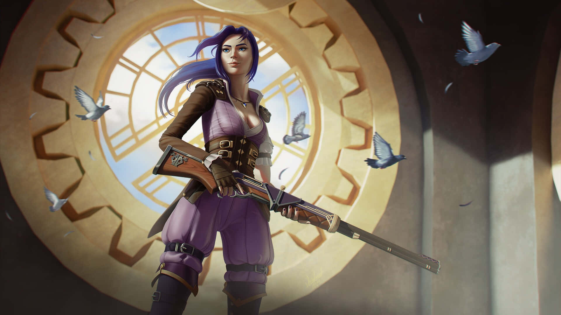 Caitlyn Arcane, purple-haired woman, purple and brown gear, Full HD Desktop Wallpaper