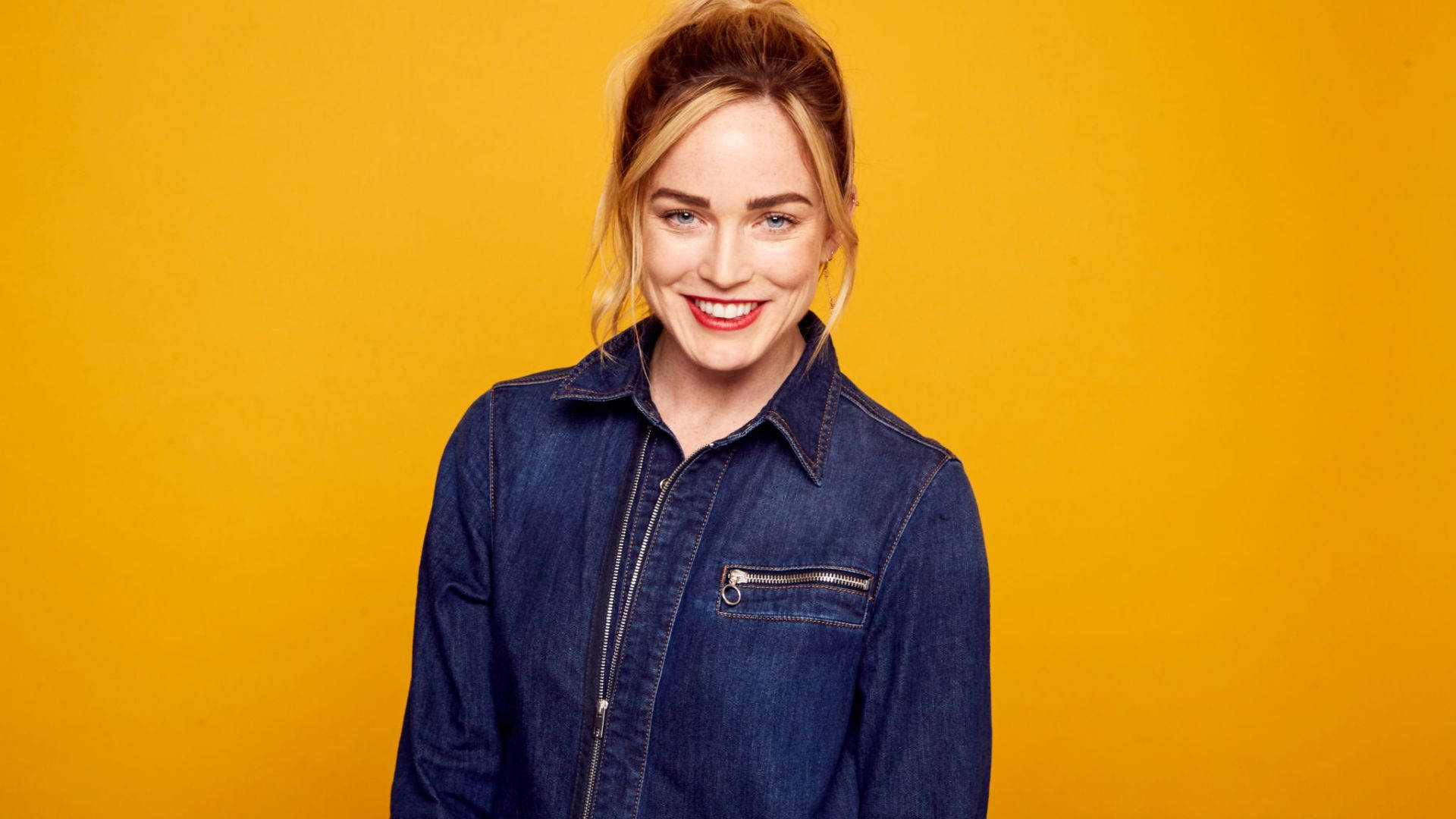 Caity Lotz, blonde hair, denim jacket, Full HD Desktop Wallpaper
